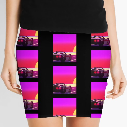 Synthwave Outrun Sports Car Beach Sunset Women's Mini Skirts