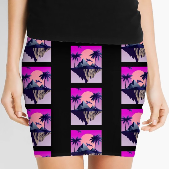 Vaporwave Aesthetic Flying Island With Palms And Women's Mini Skirts