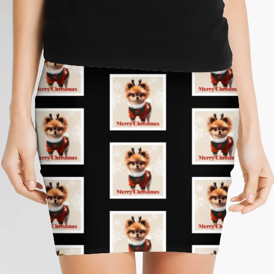 Sweet Miniature Spitz pomeranian in a Christmas. Women's Mini Skirts