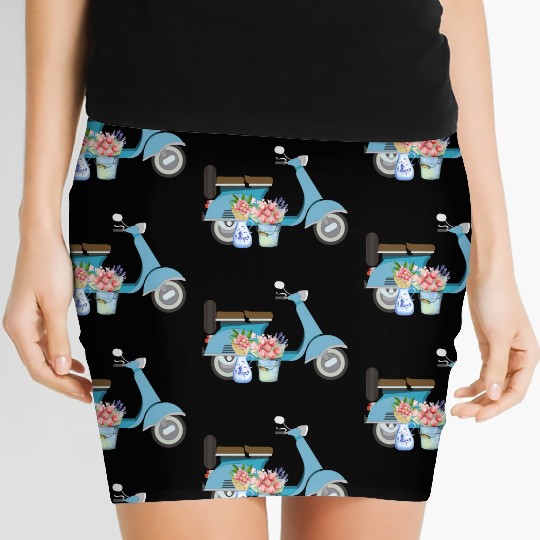 Blue Retro Scooter With Tulips Art Design Women's Mini Skirts