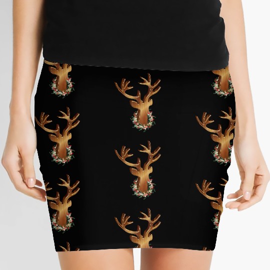 Deer head in wood look with Christmas wreath Women's Mini Skirts