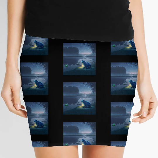 Blue Frog and Firefly on a pond at Night Women's Mini Skirts