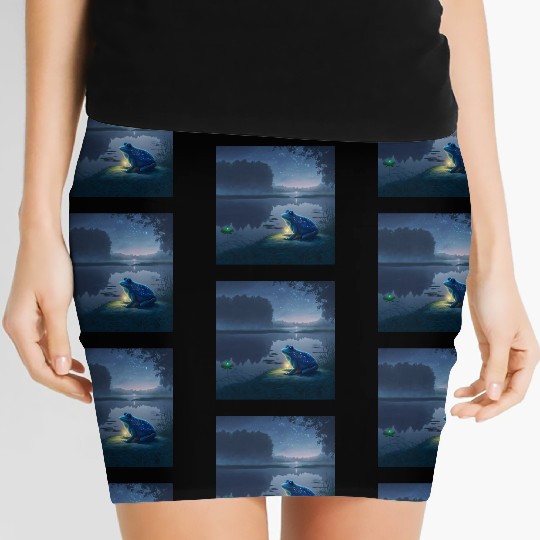 Blue Frog and Firefly on a pond at Night Women's Mini Skirts