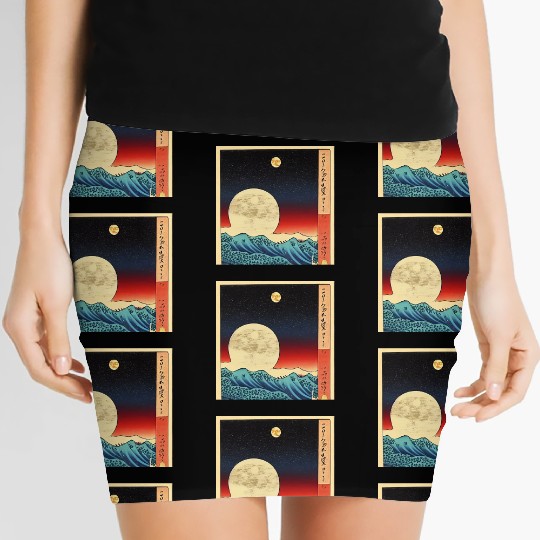 Ukiyo-e Moon over Mountain Range, Japanese Print Women's Mini Skirts