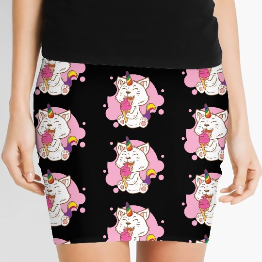 Cat Eating Ice Cream Rainbow Cat Lady Gift Idea Women's Mini Skirts