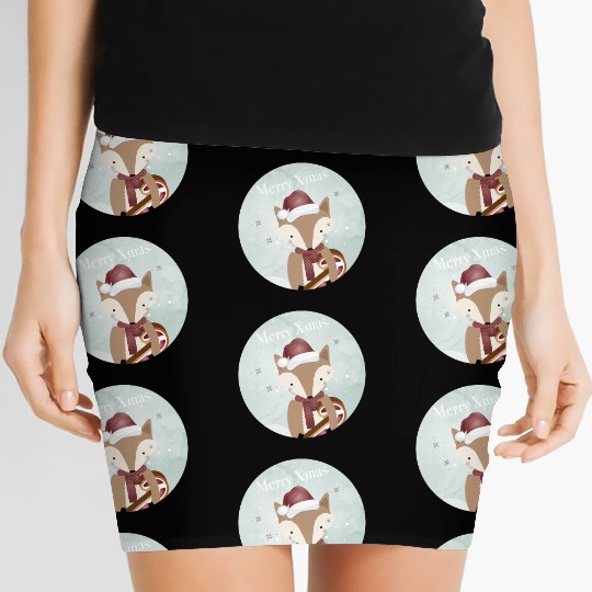 cute fox for Christmas with candy cane Women's Mini Skirts
