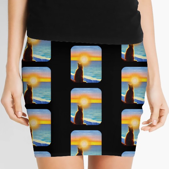 Cat watching sunset Classic Women's Mini Skirts
