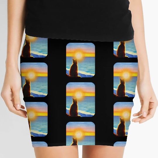 Cat watching sunset Classic Women's Mini Skirts