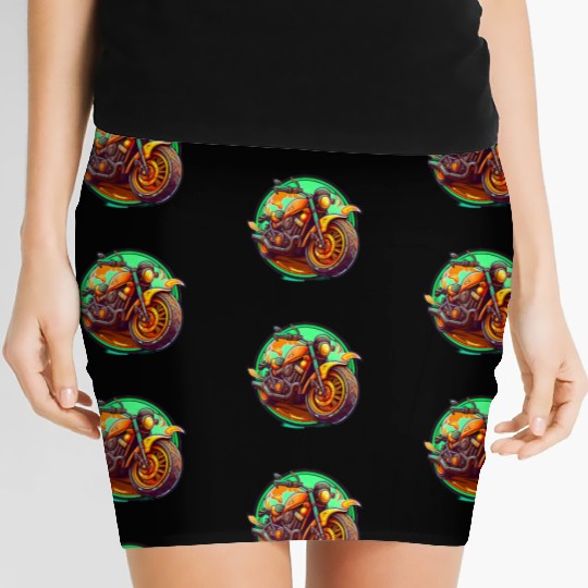 Orange Motorcycle on Green Background Women's Mini Skirts