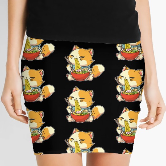 Cat Ramen Bowl Anime Kawaii Neko Japanese Noodles Women's Mini Skirts