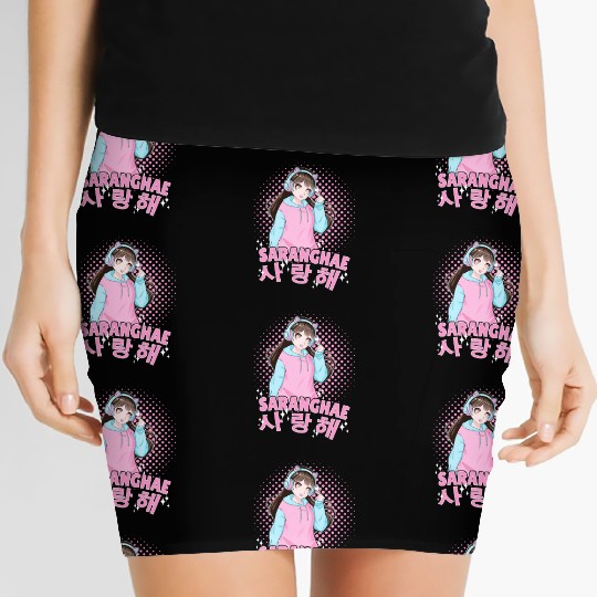 Saranghae Cute Korean Anime Girl Kpop Finger Heart Women's Mini Skirts