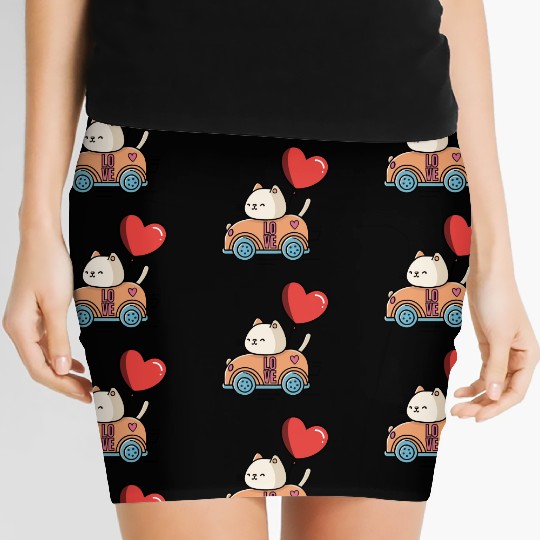Cute cat in the love car, and love balloon Women's Mini Skirts
