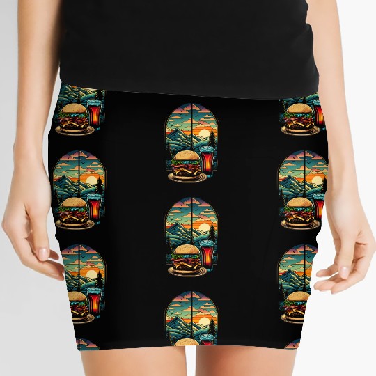 Church window with hamburger burger and drink Women's Mini Skirts
