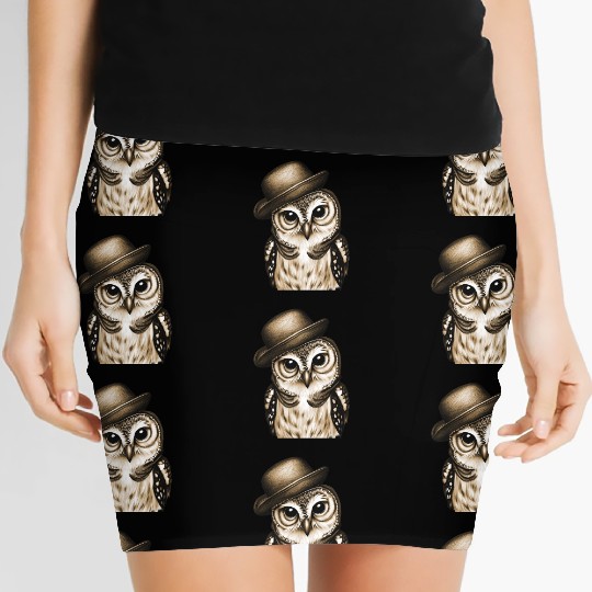 owl wearing derby hat - brown color Women's Mini Skirts