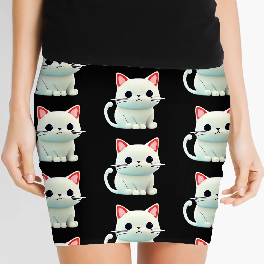 The Feline Fantasy A White Cat Chibi Design Women's Mini Skirts