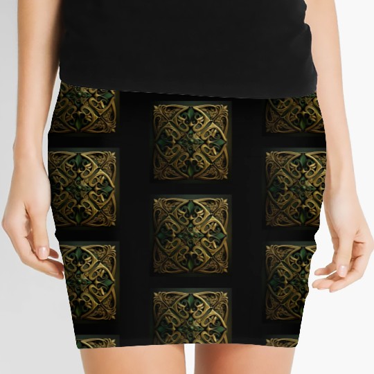 Green Bronze Ornamental Plaid Decoration Pattern Women's Mini Skirts