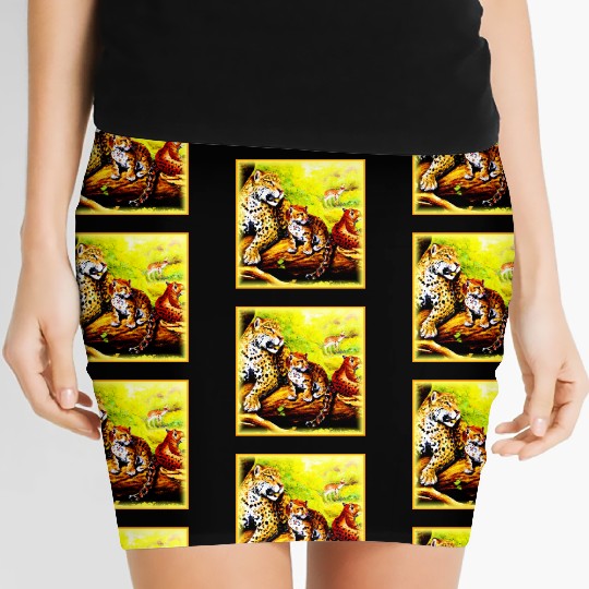 Jaguar Mom and Cubs Relaxing in Jungle. Buy Now Women's Mini Skirts