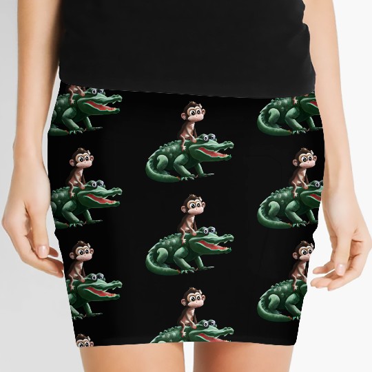 Funny monkey on crocodile design Women's Mini Skirts