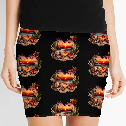 Retro Beach Heart Sunset Watercolor 3 Women's Mini Skirts
