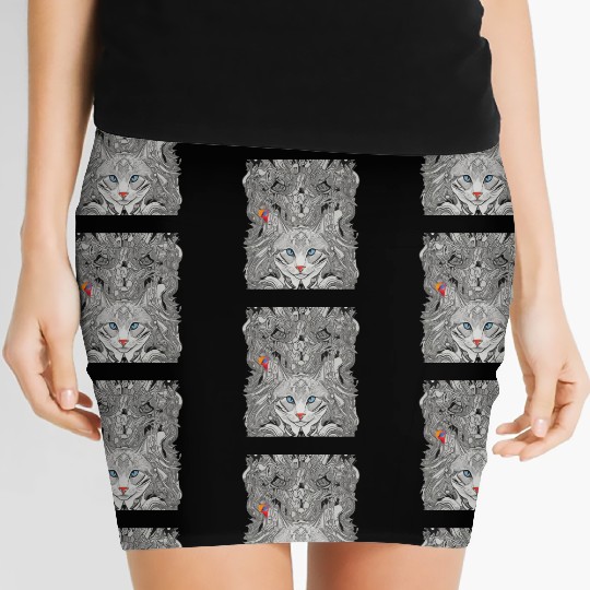 Psychedelic cat with bird Women's Mini Skirts