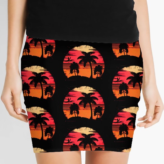 Vintage Retro Sunset Watercolor Beach Palm Trees Women's Mini Skirts