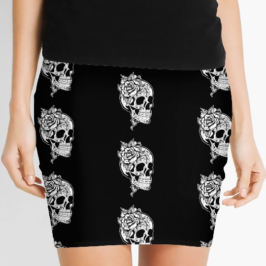Skull Dia de los Muertos Halloween Tattoo Rose Women's Mini Skirts