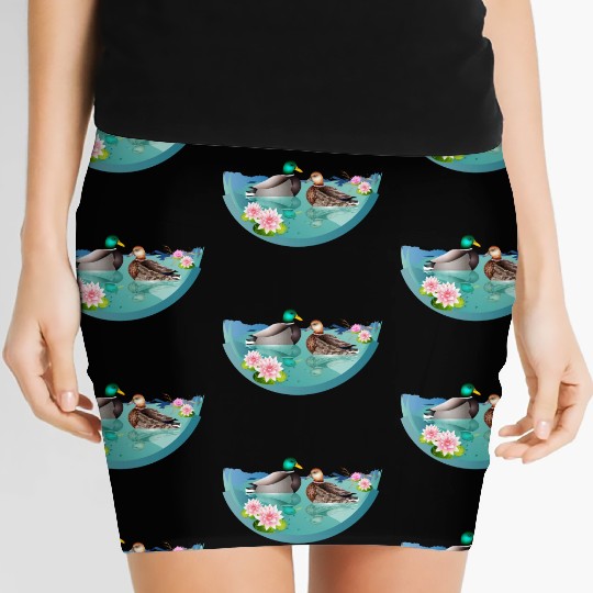 Duck couple in a duck pond with water lilies Women's Mini Skirts