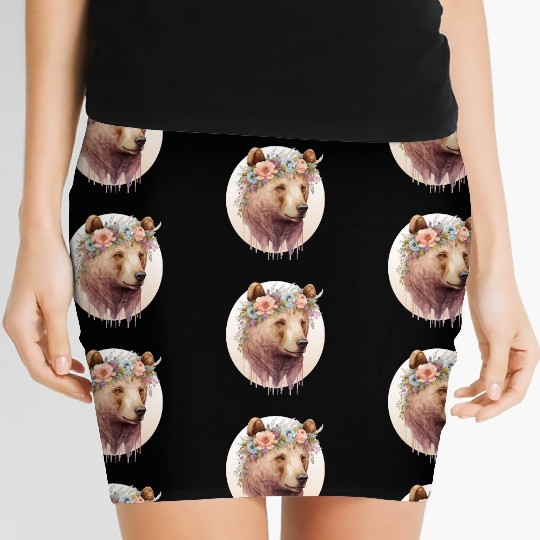 Watercolor Brown Bear Grizzly Flower Crown Wild An Women's Mini Skirts