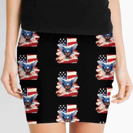 Angry Skull Bursting Through US Flag Women's Mini Skirts