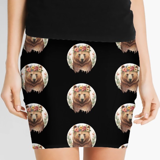 Cute Brown Bear Grizzly Flower Crown Animal Lovers Women's Mini Skirts