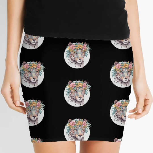 Floral Jaguar Flower Crown Watercolor Animal Women's Mini Skirts