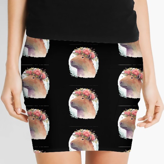Watercolor Capybara Rodent Flower Crown Animal Lov Women's Mini Skirts