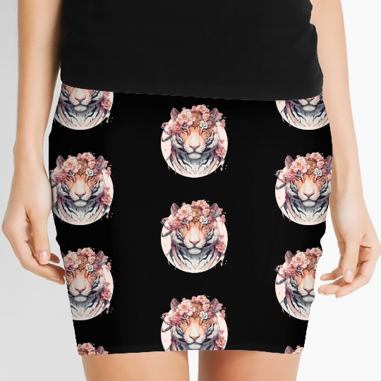 Watercolor Flower Tiger Chinese Zodiac Animal Sign Women's Mini Skirts