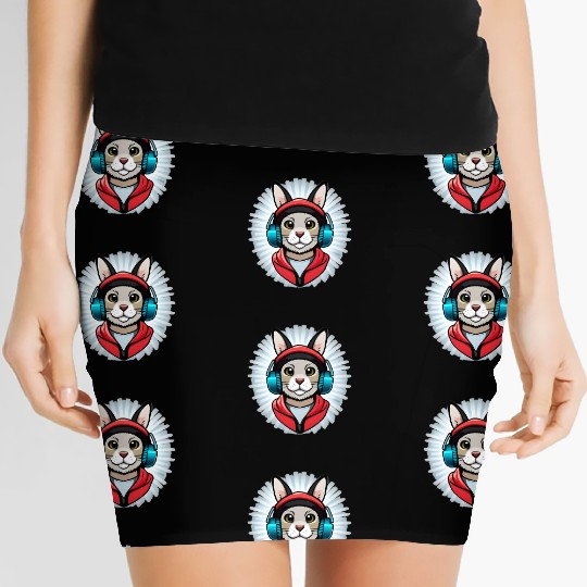 cute rabbit with headphones black Women's Mini Skirts