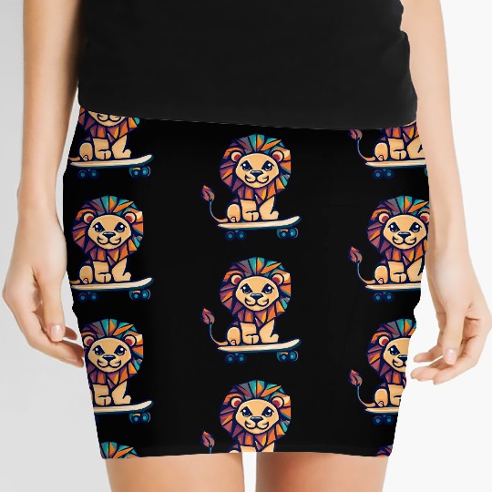 Cubist lion on skateboard Women's Mini Skirts