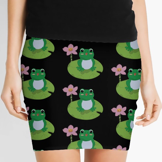 Green Frog on Lotus Leaf vector. Women's Mini Skirts