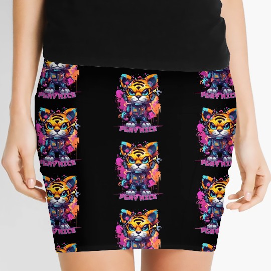 Play Nice Women's Mini Skirts: Robot Tiger Synthwave Graffiti Kids