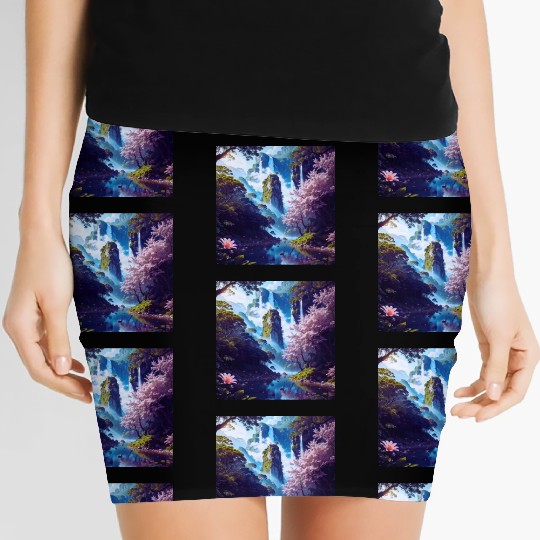 Waterfall in Forest with Pink Flowers and Ducks Women's Mini Skirts