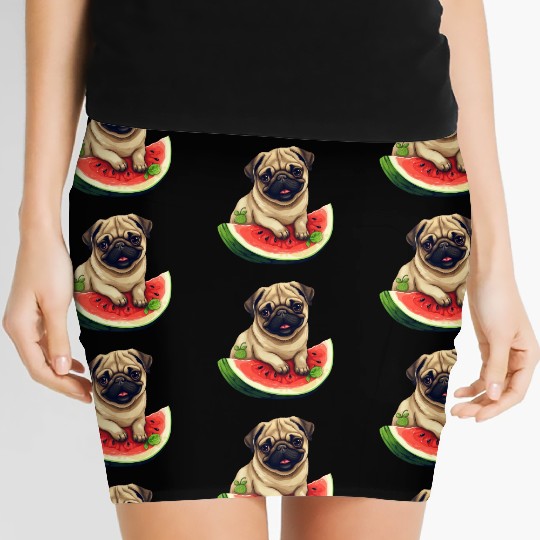 Pug with Melon, Funny Summer Design for Dog Lovers Women's Mini Skirts