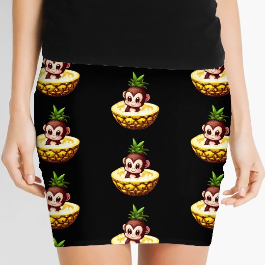 Monkey Chimpanzee with Pineapple, Funny Tropical Women's Mini Skirts
