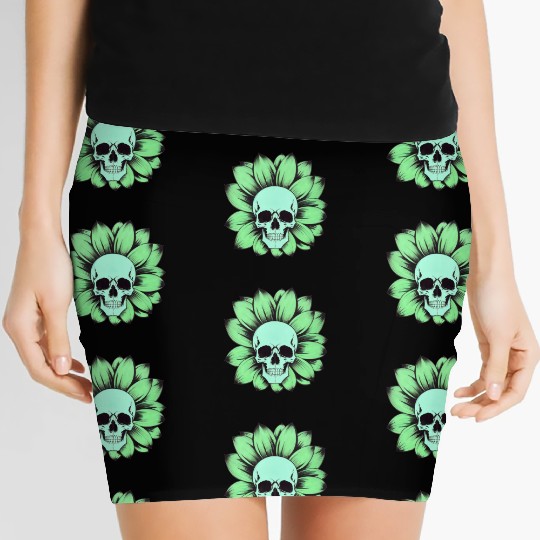 Green Toxic Sunflower Skull Vintage Style Women's Mini Skirts