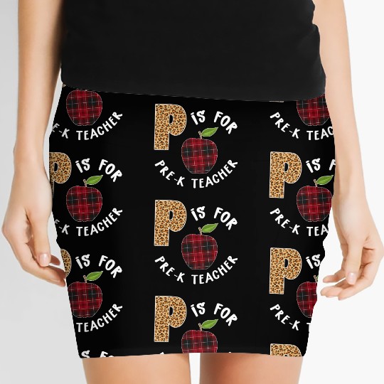 P Is For Pre K Teacher Leopard Buffalo Plaid T Women's Mini Skirts