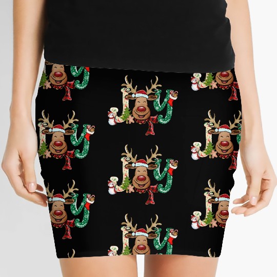 Xmas Christmas Joy Snowman Deer Santa Hat Women's Mini Skirts