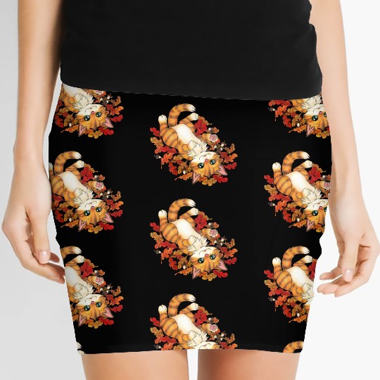 Cute cat in colorful autumn leaves sweet gift Women's Mini Skirts