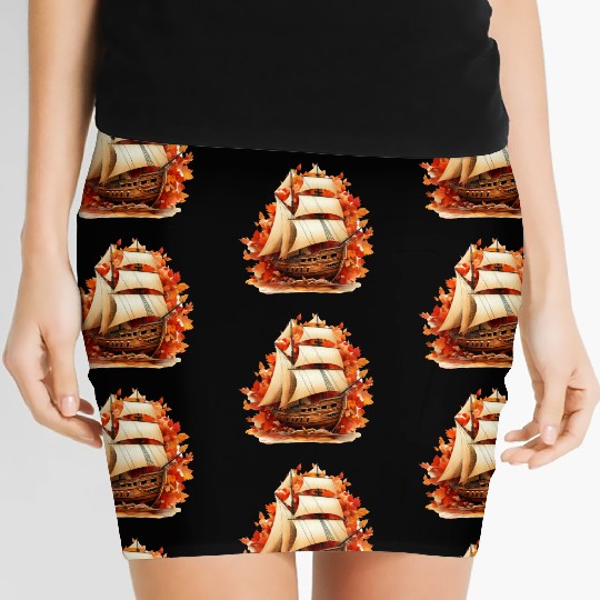 Autumn Sailing: Sailboat Amidst Falling Leaves Women's Mini Skirts