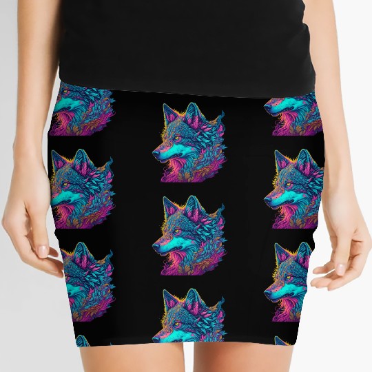 Colorful wolf, uv reactive, black light, neon Women's Mini Skirts