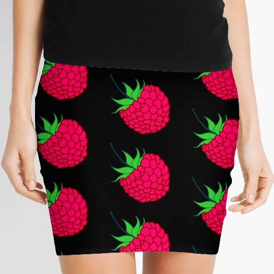 Raspberry red with green leaves Women's Mini Skirts