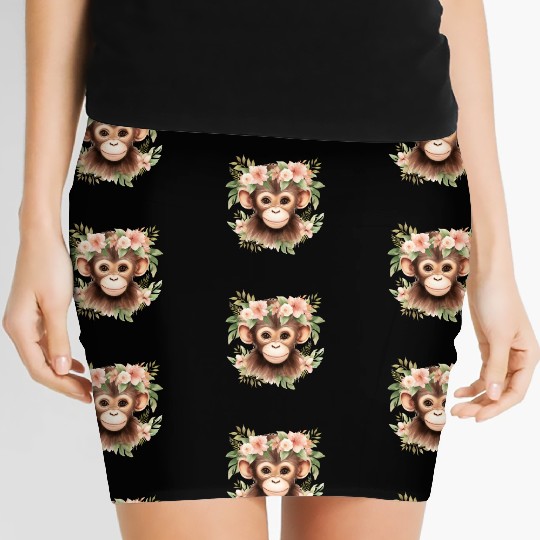 Monkey Chimpanzee Jungle Animal Boho Floral Ape Women's Mini Skirts