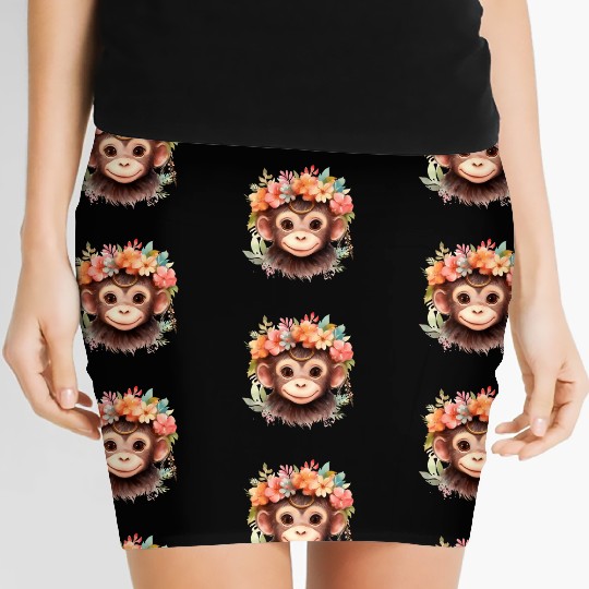 Monkey Chimpanzee Jungle Animal Boho Floral Ape Women's Mini Skirts