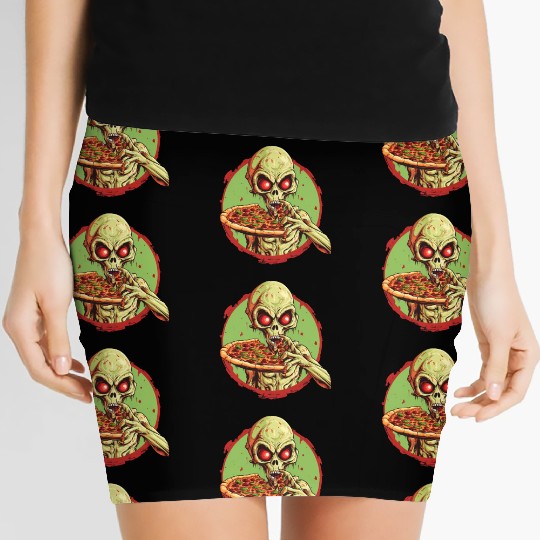 Green Alien with Pizza: Halloween Fast-Food Fun Women's Mini Skirts